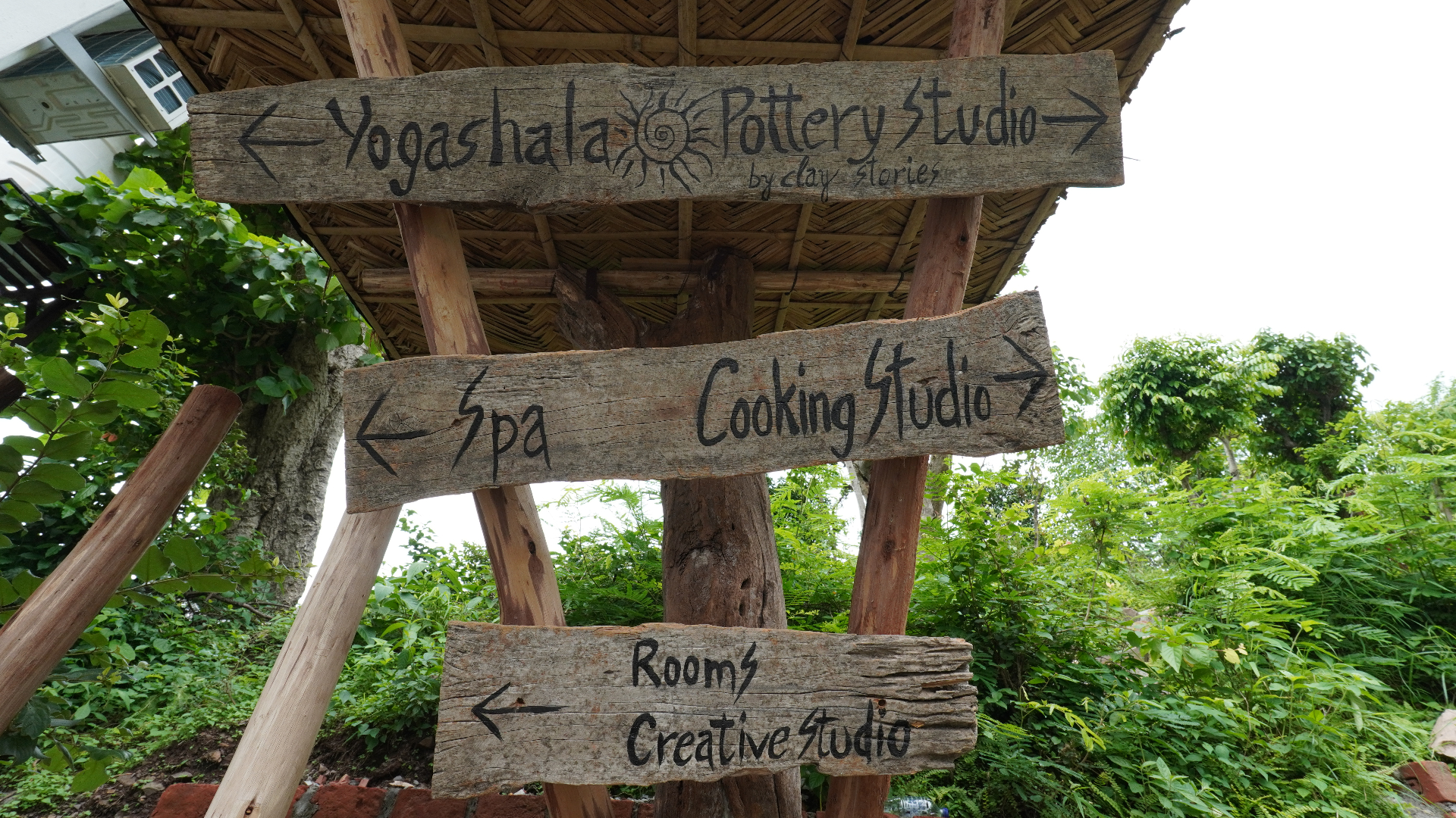 Wooden direction signs at Aavya