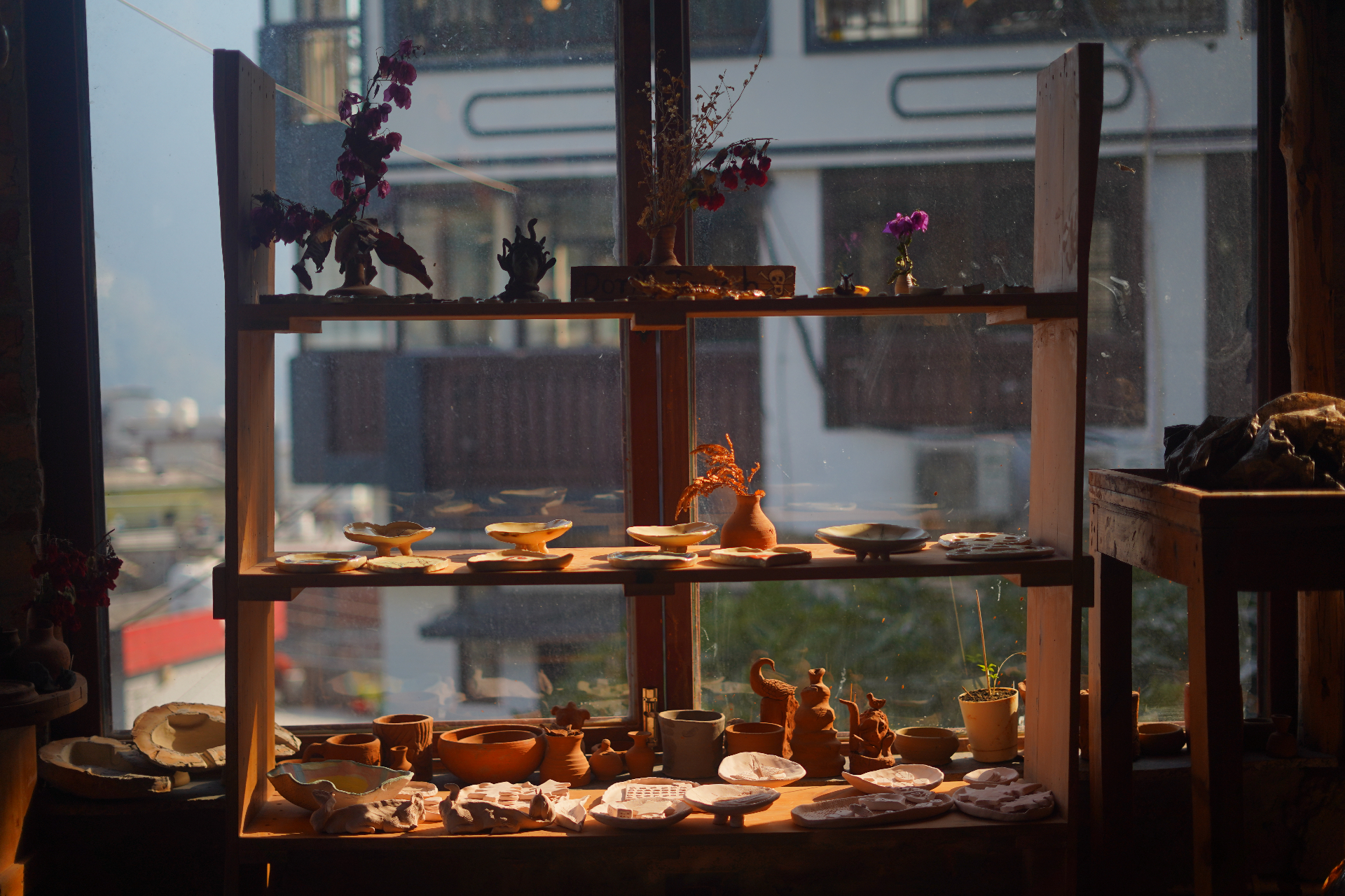 Pottery collection on shelves