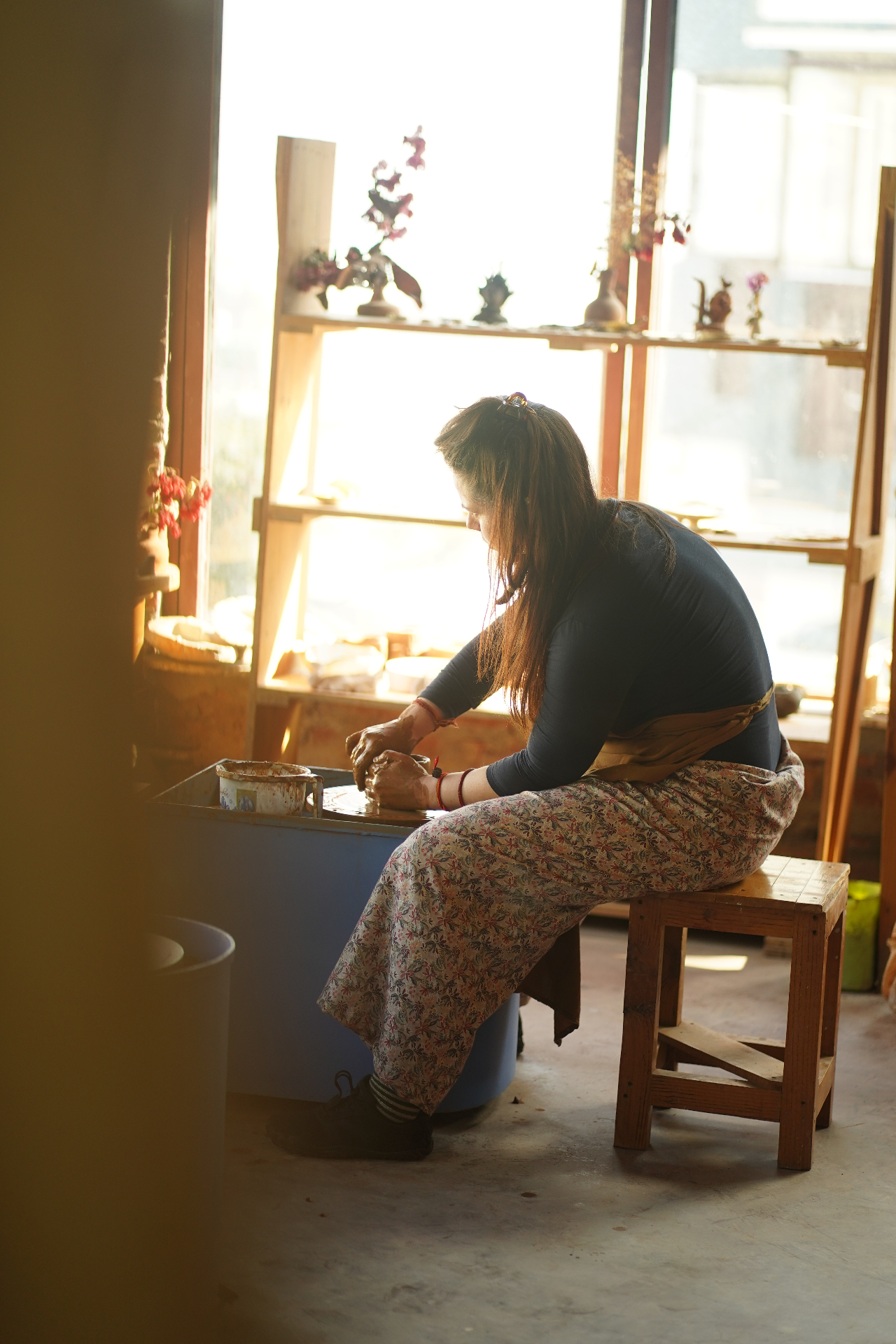 Pottery studio in golden hour light