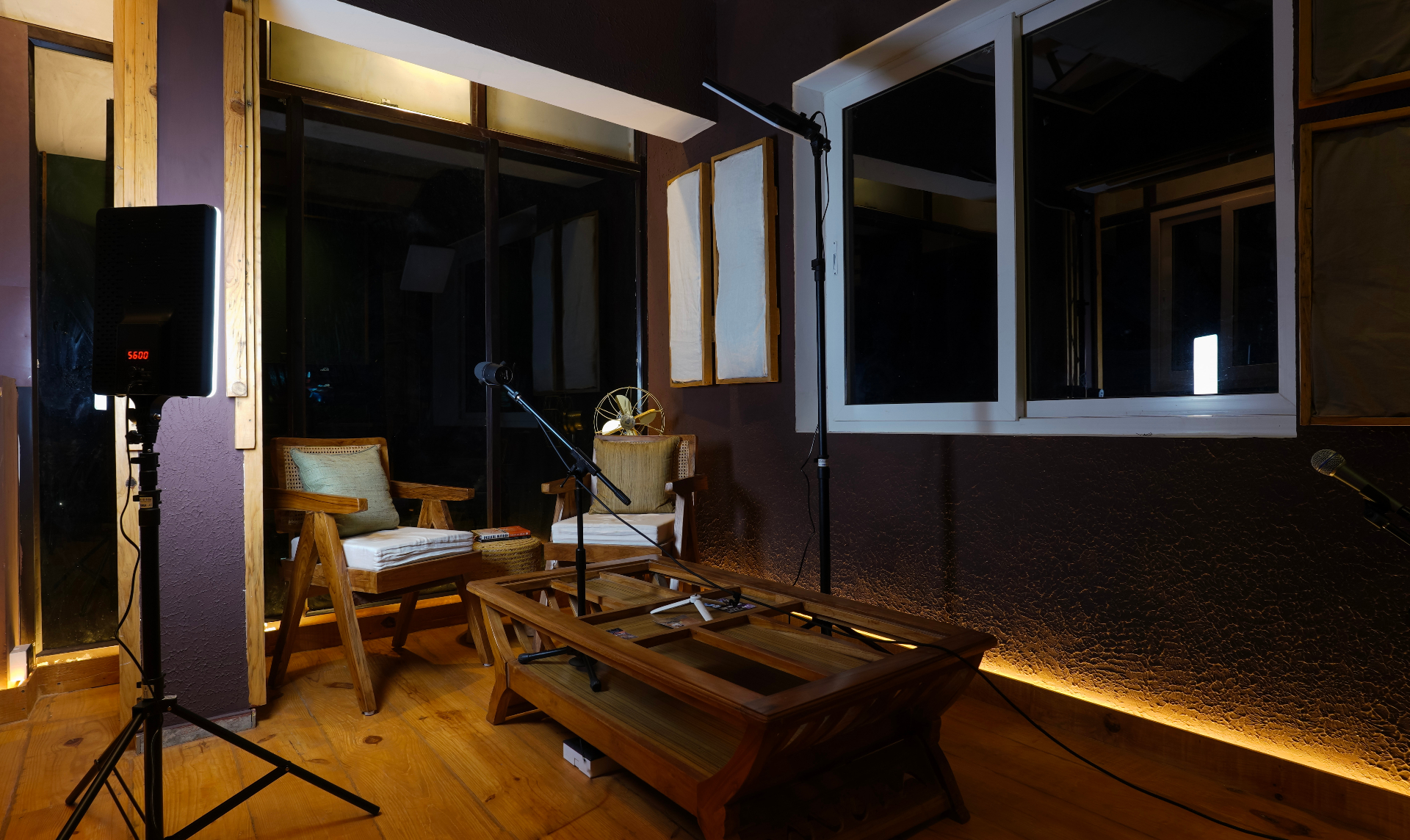 Podcast studio setup at night